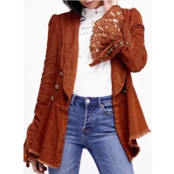 Free People Victorian Military Jacket Sz Small Corduroy Tobacco Burnt Orange - Picture 1 of 16